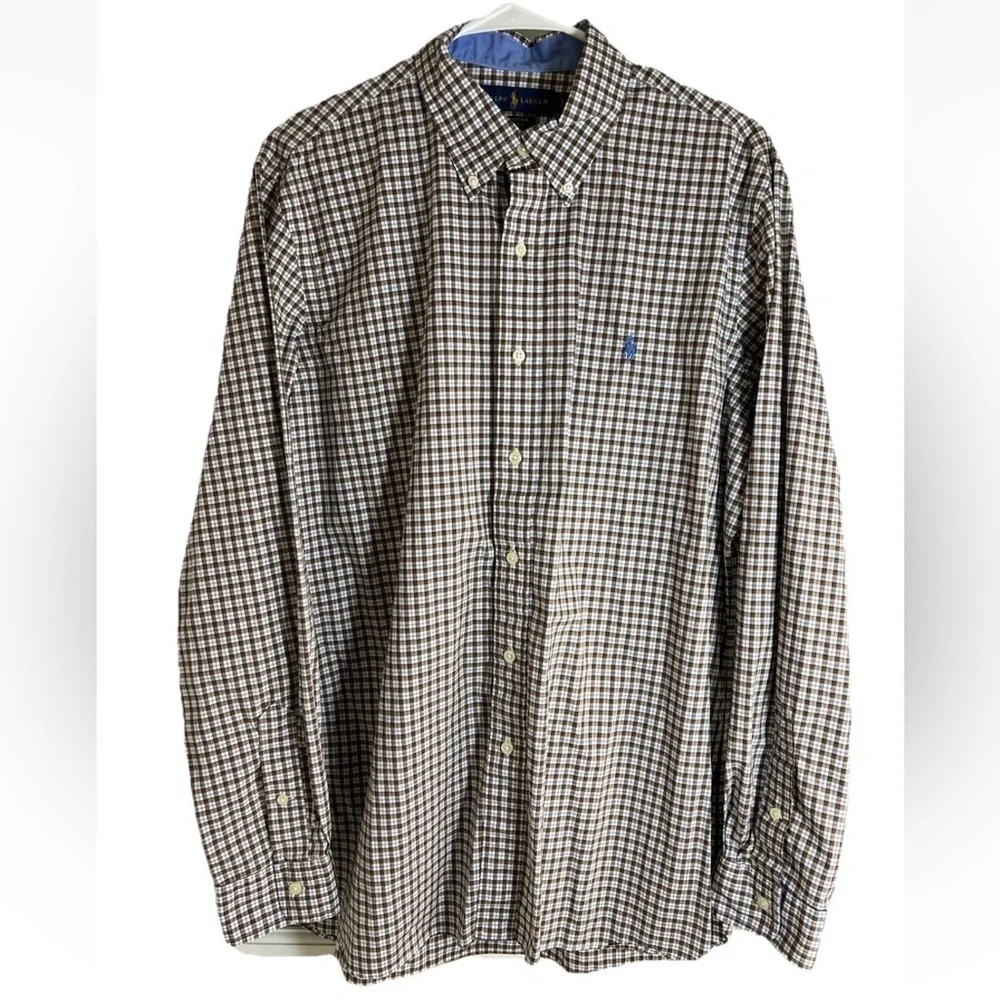 Ralph Lauren Men’s Cotton Stretch Button Down Shirt Sz L Brown Check Pony Preppy - Picture 2 of 11